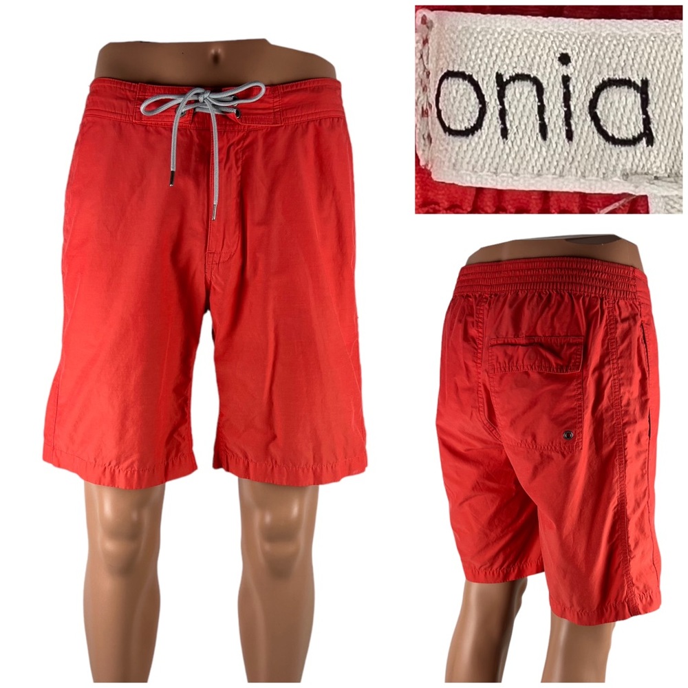Onia Swim Trunks Mens Medium Shorts Swimwear Drawstring Lined Orange 8” EUC